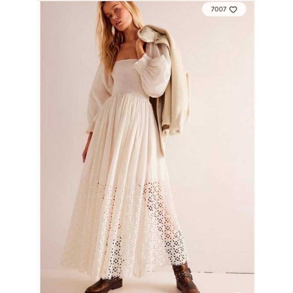 Free People Perfect Storm Midi Dress Smocked Eyelet Cream Cotton Cottagecore S